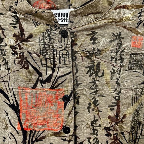 CHICOS Vintage Size 3 US XL Long Line Tunic Blouse Asian Inspired Silk/Linen - Picture 2 of 3